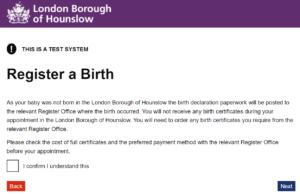 Hounslow's birth declaration stage in their online process for registering a birth.